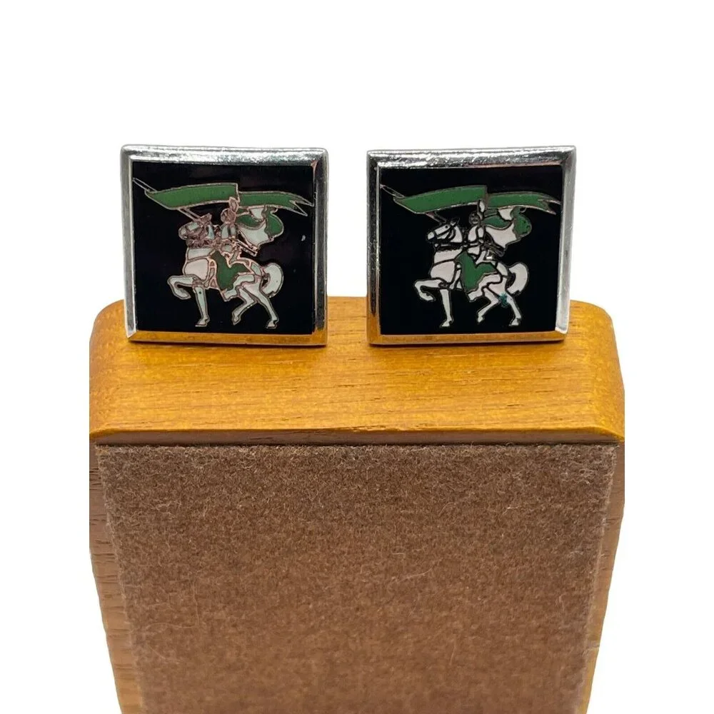 VTG Cufflinks Knight on White horse with Green flag in Silver tone‎ Hallmarked